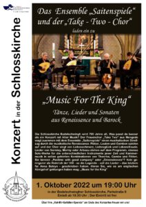 Konzert Ensemble Saitenspiele und Take Two Chor in der Bodelschwingher Schlosskirche am 1. Oktober 2022 um 19:00 Uhr
