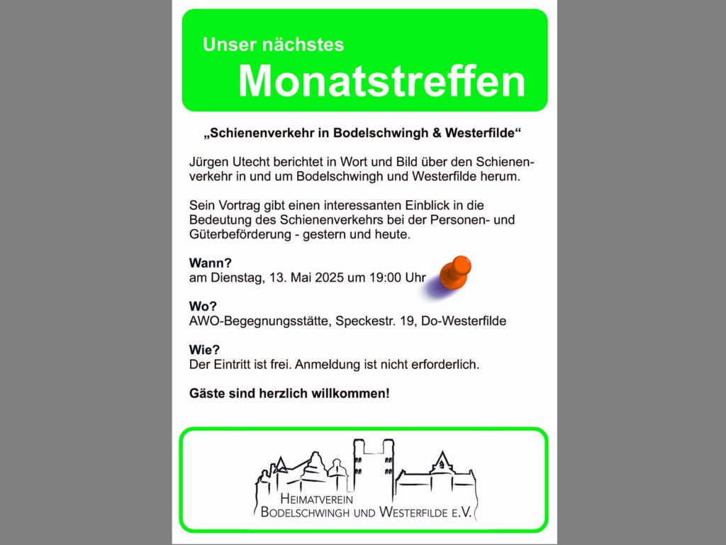 Monatstreffen vom Heimatverein Bodelschwingh und Westerfilde e.V. am 13. Mai 2025