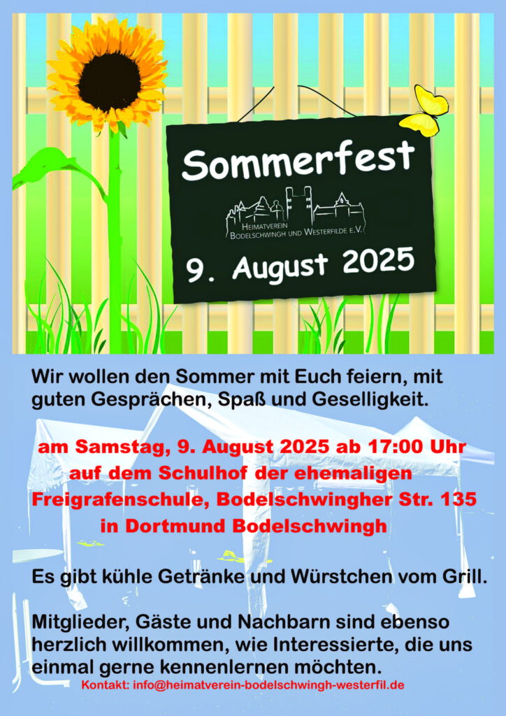 Einladung zum Sommerfest vom Heimatverein Bodelschwingh und Westerfilde e.V. am 9.8.25 auf dem Schulhof der ehemaligen Freigrafenschule in Bodelschwingh