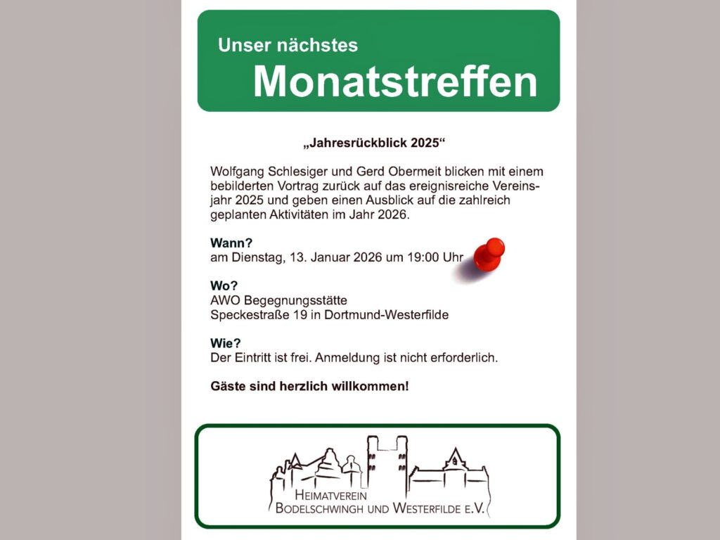 Monatstreffen vom Heimatverein Bodelschwingh und Westerfilde e.V. am 13. Januar 2026