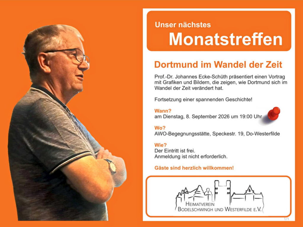 Monatstreffen vom Heimatverein Bodelschwingh und Westerfilde e.V. am 8. September 2026 in der AWO in Dortmund-Westerfilde